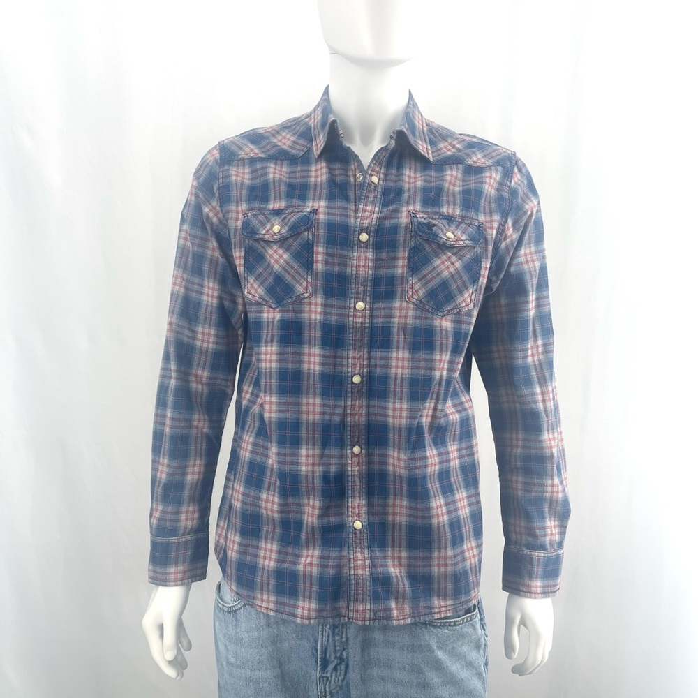 Men's Blue and Red Plaid Button-Down Shirt